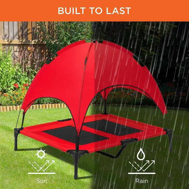 Alt view image 5 of 7 - 36in Elevated Dog Bed w/Removable Canopy, Red | Cooling Raised Mesh Pet Cot w/ Tent for Shade, Carrying Bag, Breathable Fabric, Outdoor Pet Bed