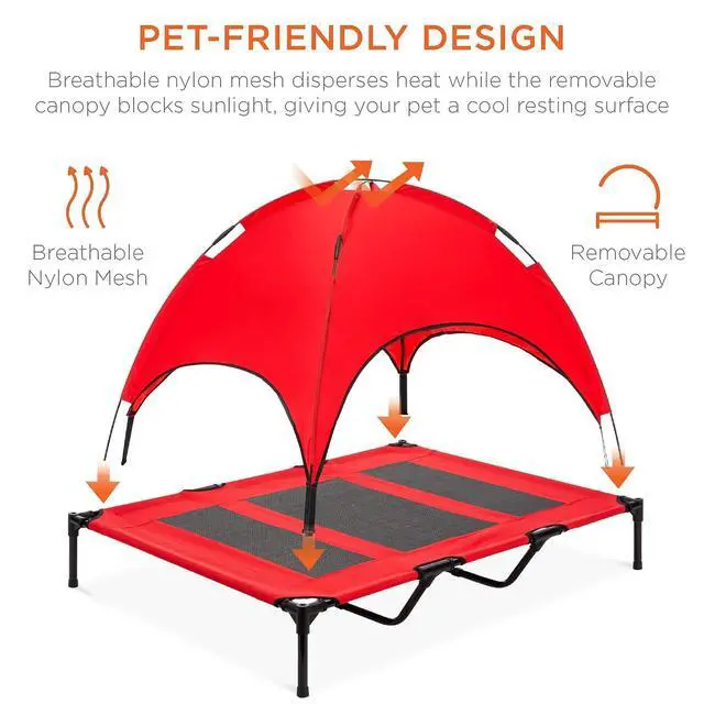 Alt view image 4 of 7 - 48in Elevated Dog Bed w/Removable Canopy, Red | Cooling Raised Mesh Pet Cot w/ Tent for Shade, Carrying Bag, and Breathable Fabric, Outdoor Pet Bed
