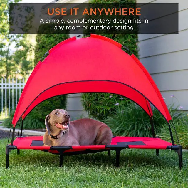 Alt view image 2 of 7 - 48in Elevated Dog Bed w/Removable Canopy, Red | Cooling Raised Mesh Pet Cot w/ Tent for Shade, Carrying Bag, and Breathable Fabric, Outdoor Pet Bed
