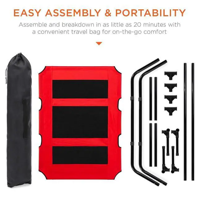 Alt view image 6 of 7 - 48in Elevated Dog Bed w/Removable Canopy, Red | Cooling Raised Mesh Pet Cot w/ Tent for Shade, Carrying Bag, and Breathable Fabric, Outdoor Pet Bed