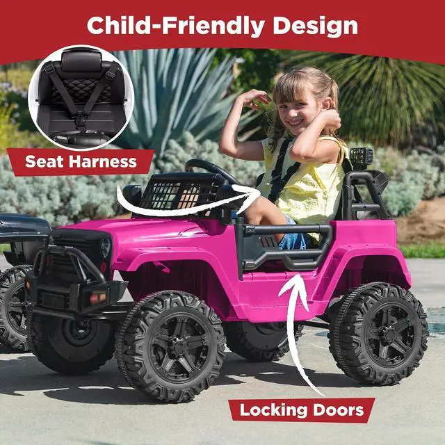 Alt view image 5 of 7 - Best Choice Products 12V Kids Electric Vehicle Toy Ride On Car with Parent Remote Control for Toddlers, Seat Harness, 61 lbs Weight Capacity, Locking Doors, Spring Suspension, Bluetooth - Hot Pink