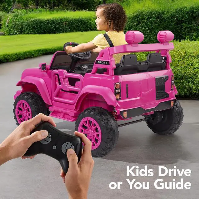 Alt view image 4 of 7 - Kids 24V 2-Seater Electric Ride On Car Truck w/ 132lb Weight Capacity, Parent Control, Bluetooth, LED Lights - Hyper Pink