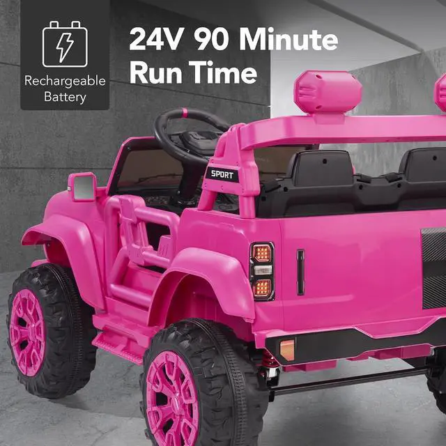 Alt view image 5 of 7 - Kids 24V 2-Seater Electric Ride On Car Truck w/ 132lb Weight Capacity, Parent Control, Bluetooth, LED Lights - Hyper Pink