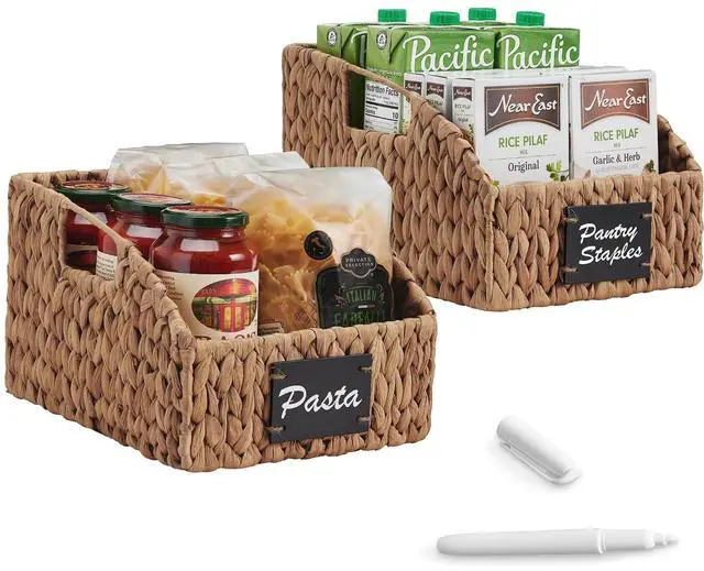 Main image of Pantry Baskets for Organizing, Wicker Basket w/Built-in Handles, Handwoven Wicker Storage Baskets for Shelves, Water Hyacinth, 2-Pack - Chestnut