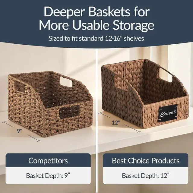Alt view image 4 of 7 - Pantry Baskets for Organizing, Wicker Basket w/Built-in Handles, Handwoven Wicker Storage Baskets for Shelves, Water Hyacinth, 2-Pack - Chestnut