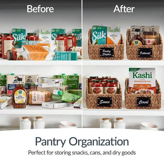Alt view image 7 of 7 - Pantry Baskets for Organizing, Wicker Basket w/Built-in Handles, Handwoven Wicker Storage Baskets for Shelves, Water Hyacinth, 2-Pack - Chestnut