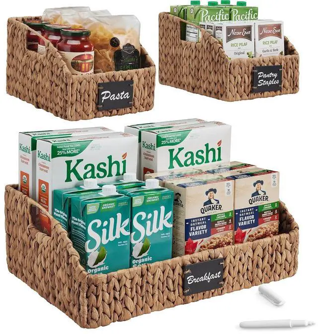 Main image of Water Hyacinth Pantry Storage Baskets, Wicker Baskets w/Built-in Handles, Handwoven Shelf Baskets for Organizing, Pantry Organizers and Storage, 3-Pack - Chestnut