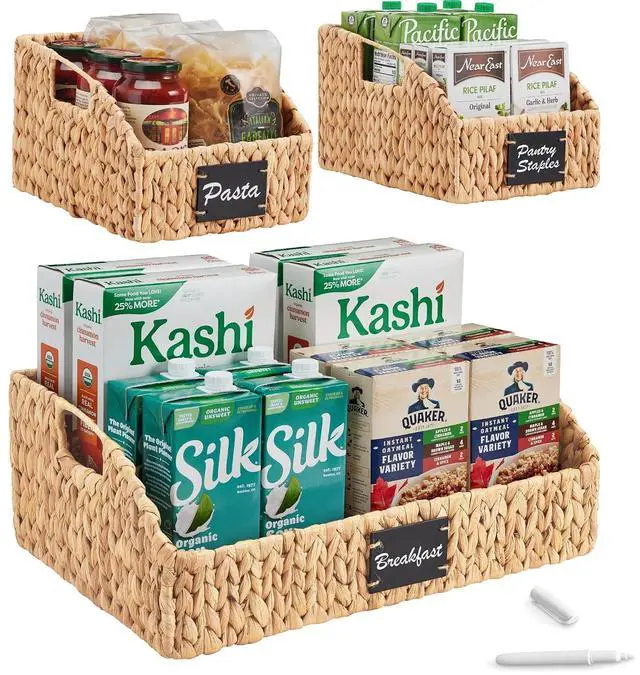 Main image of Water Hyacinth Pantry Storage Baskets, Wicker Baskets w/Built-in Handles, Handwoven Shelf Baskets for Organizing, Pantry Organizers and Storage, 3-Pack - Natural