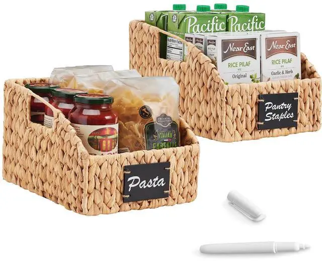 Main image of Pantry Baskets for Organizing, Wicker Basket w/Built-in Handles, Handwoven Wicker Storage Baskets for Shelves, Water Hyacinth, 2-Pack - Natural