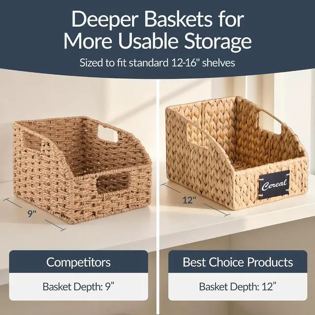 Alt view image 4 of 7 - Water Hyacinth Pantry Storage Baskets, Wicker Baskets w/Built-in Handles, Handwoven Shelf Baskets for Organizing, Pantry Organizers and Storage, 3-Pack - Natural