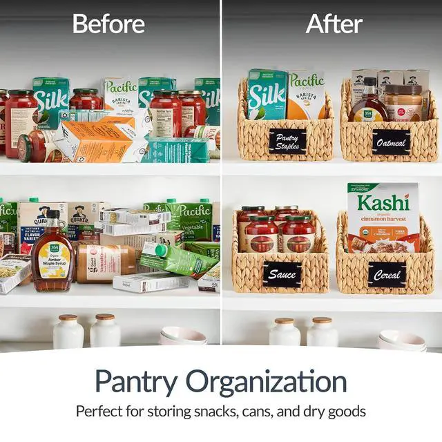 Alt view image 7 of 7 - Pantry Baskets for Organizing, Wicker Basket w/Built-in Handles, Handwoven Wicker Storage Baskets for Shelves, Water Hyacinth, 2-Pack - Natural