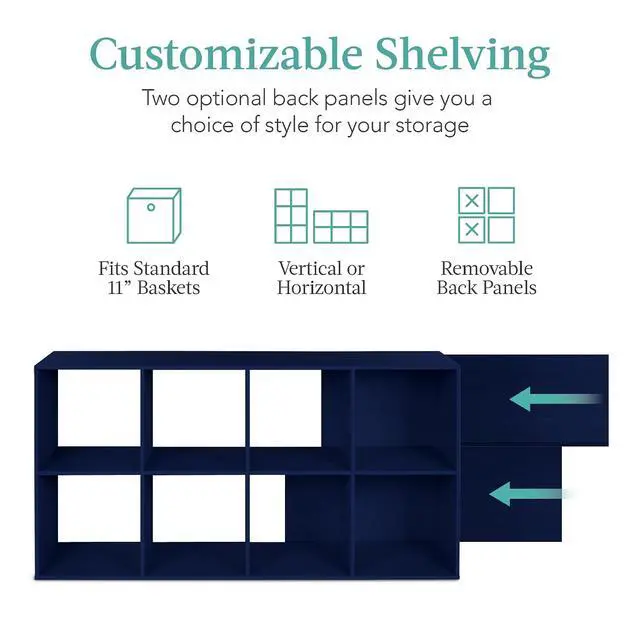 Alt view image 3 of 7 - Best Choice Products Kids Bookcase 8-Cube Storage Organizer, 11in Shelf Opening, Bookshelf, Toy Storage, Customizable w/ 3 Removable Back Panels - Navy