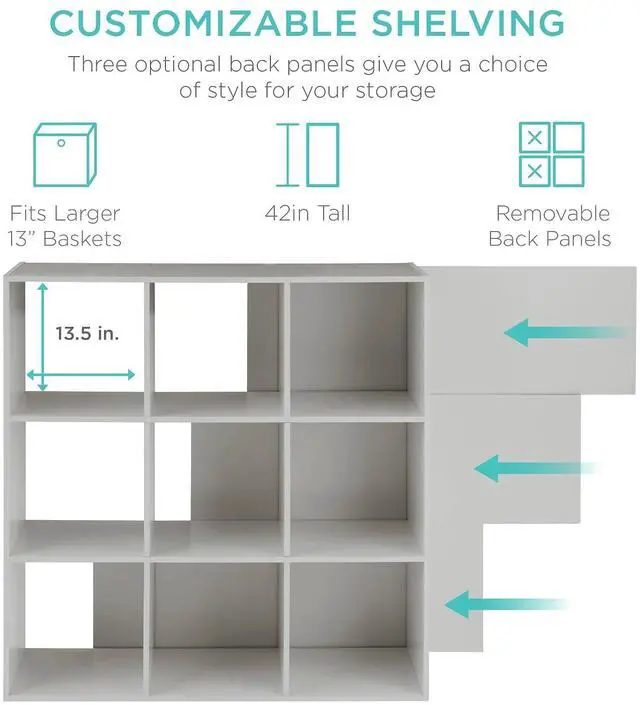 Alt view image 3 of 7 - Best Choice Products Kids Bookcase 9-Cube Storage Organizer, 13.5in Shelf Opening, Bookshelf, Toy Storage, Customizable w/ 3 Removable Back Panels Gray