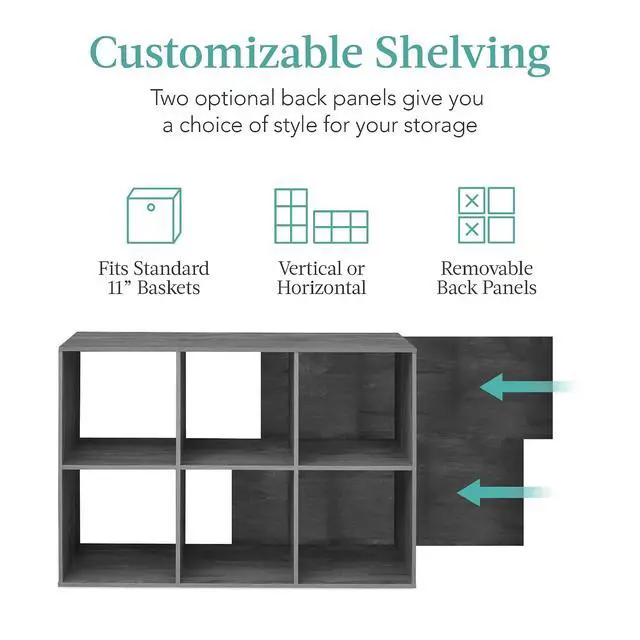 Alt view image 3 of 7 - Best Choice Products 6-Cube Storage Organizer, 11in Shelf Opening, Bookcase, Display Shelf, Customizable w/ 3 Removable Back Panels Dark Gray