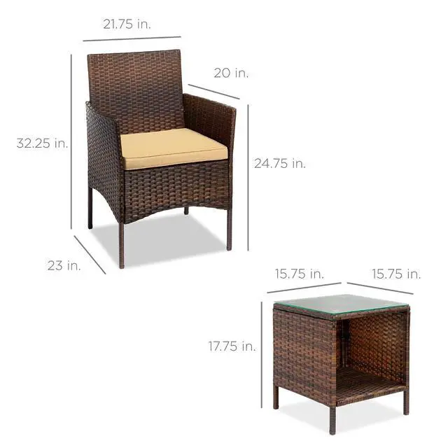 Alt view image 7 of 7 - 3-Piece Outdoor Wicker Conversation Bistro Set, Space Saving Patio Furniture for Garden w/Side Table - Brown/Tan