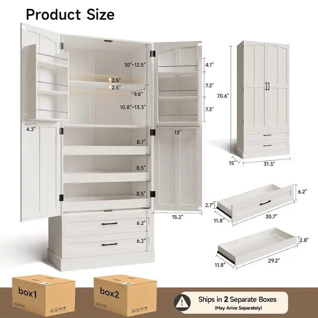 Alt view image 2 of 7 - 71" Tall Kitchen Pantry Cabinet with 5 Spacious Drawers, Farmhouse Pantry Cabinet Storage with Adjustable Shelves & 2 Door Shelves, Freestanding Cupboard for Kitchen, Dining/Living Room