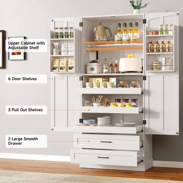 Alt view image 5 of 7 - 71" Tall Kitchen Pantry Cabinet with 5 Spacious Drawers, Farmhouse Pantry Cabinet Storage with Adjustable Shelves & 2 Door Shelves, Freestanding Cupboard for Kitchen, Dining/Living Room