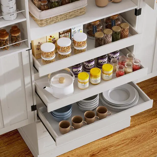 Alt view image 3 of 7 - 71" Tall Kitchen Pantry Cabinet with 5 Spacious Drawers, Farmhouse Pantry Cabinet Storage with Adjustable Shelves & 2 Door Shelves, Freestanding Cupboard for Kitchen, Dining/Living Room