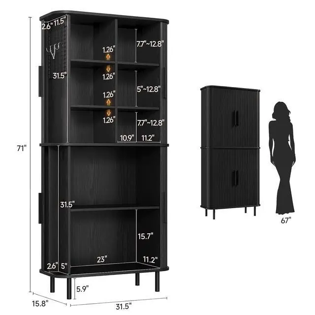 Alt view image 2 of 7 - 71" Tall Fluted Pantry Cabinet, Mid-Century Modern Kitchen Pantry Storage Cabinet with 2 Pegboards, 10 Hooks, Freestanding Cupboard with 4 Adjustable Shelves, Sliding Doors (Black)