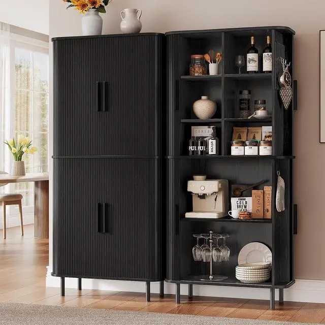 Alt view image 3 of 7 - 71" Tall Fluted Pantry Cabinet, Mid-Century Modern Kitchen Pantry Storage Cabinet with 2 Pegboards, 10 Hooks, Freestanding Cupboard with 4 Adjustable Shelves, Sliding Doors (Black)