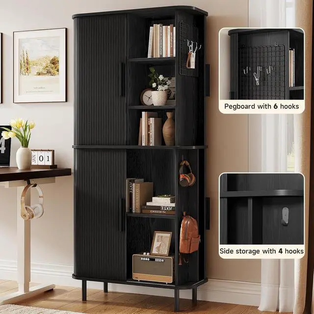 Alt view image 4 of 7 - 71" Tall Fluted Pantry Cabinet, Mid-Century Modern Kitchen Pantry Storage Cabinet with 2 Pegboards, 10 Hooks, Freestanding Cupboard with 4 Adjustable Shelves, Sliding Doors (Black)