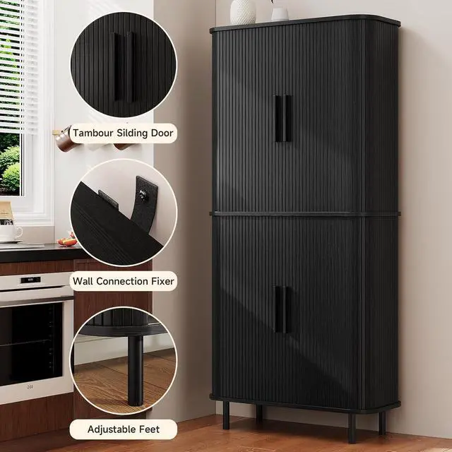 Alt view image 6 of 7 - 71" Tall Fluted Pantry Cabinet, Mid-Century Modern Kitchen Pantry Storage Cabinet with 2 Pegboards, 10 Hooks, Freestanding Cupboard with 4 Adjustable Shelves, Sliding Doors (Black)