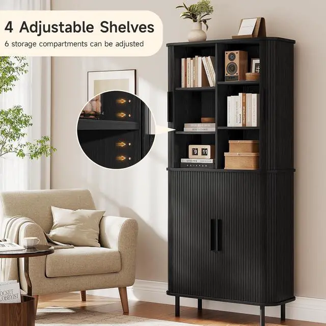 Alt view image 5 of 7 - 71" Tall Fluted Pantry Cabinet, Mid-Century Modern Kitchen Pantry Storage Cabinet with 2 Pegboards, 10 Hooks, Freestanding Cupboard with 4 Adjustable Shelves, Sliding Doors (Black)