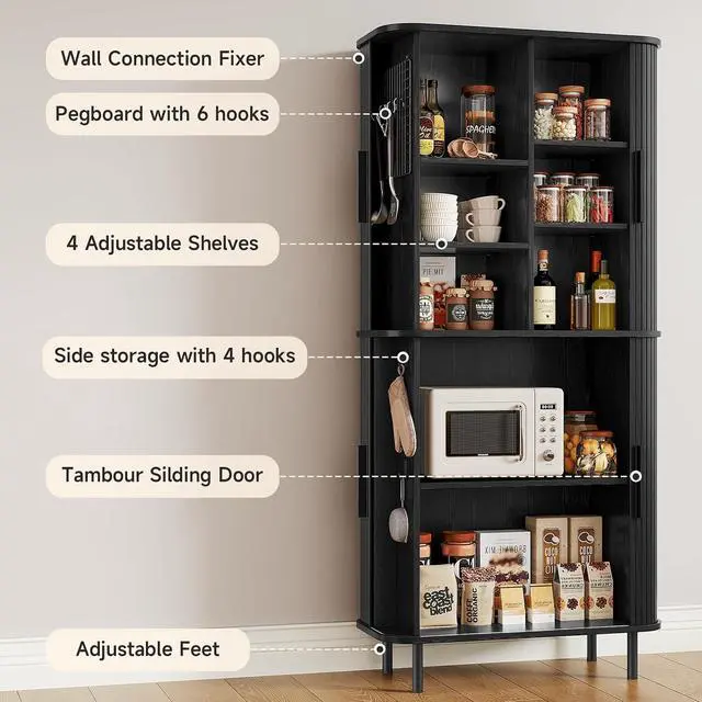 Alt view image 7 of 7 - 71" Tall Fluted Pantry Cabinet, Mid-Century Modern Kitchen Pantry Storage Cabinet with 2 Pegboards, 10 Hooks, Freestanding Cupboard with 4 Adjustable Shelves, Sliding Doors (Black)