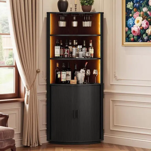 Main image of 72" Corner Bar Cabinet with LED Light, Liquor Bar Cabinet Black