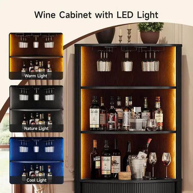 Alt view image 3 of 7 - 72" Corner Bar Cabinet with LED Light, Liquor Bar Cabinet Black