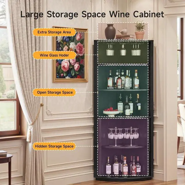Alt view image 4 of 7 - 72" Corner Bar Cabinet with LED Light, Liquor Bar Cabinet Black