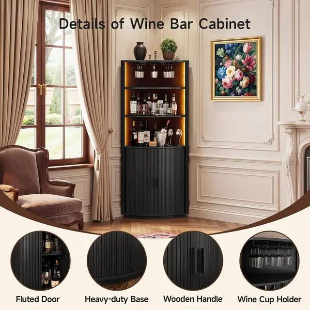 Alt view image 5 of 7 - 72" Corner Bar Cabinet with LED Light, Liquor Bar Cabinet Black