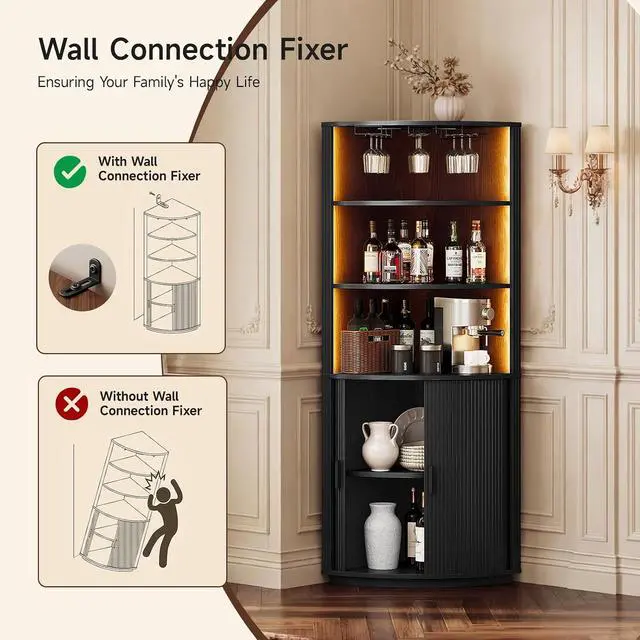 Alt view image 6 of 7 - 72" Corner Bar Cabinet with LED Light, Liquor Bar Cabinet Black