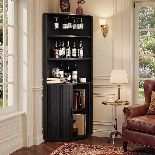 Alt view image 7 of 7 - 72" Corner Bar Cabinet with LED Light, Liquor Bar Cabinet Black