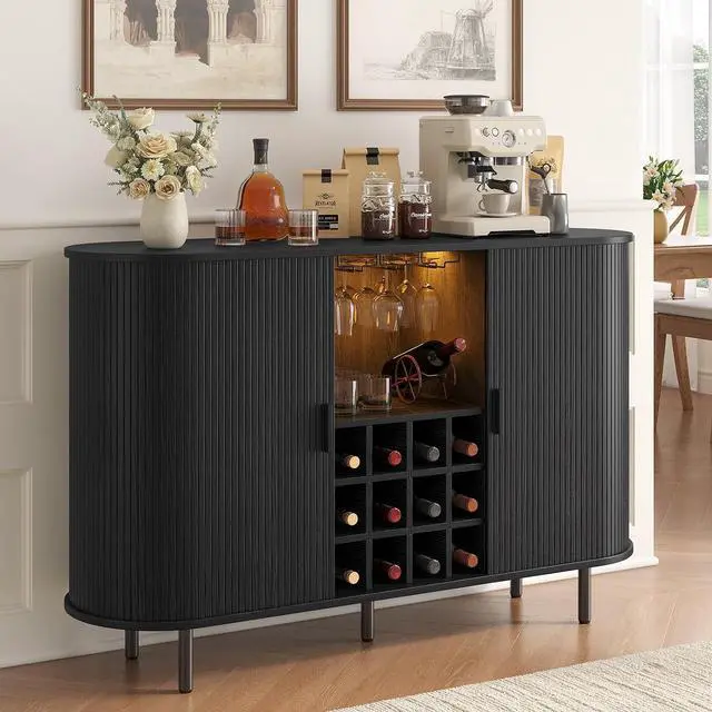 Main image of 55 Inch Fluted Wine Bar Cabinet with LED Light, Black