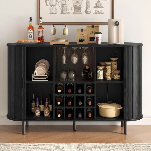 Alt view image 3 of 7 - 55 Inch Fluted Wine Bar Cabinet with LED Light, Black