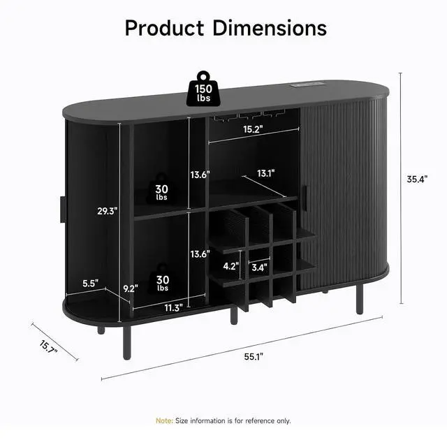 Alt view image 2 of 7 - 55 Inch Fluted Wine Bar Cabinet with LED Light, Black