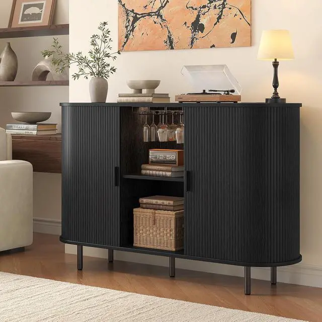 Alt view image 4 of 7 - 55 Inch Fluted Wine Bar Cabinet with LED Light, Black