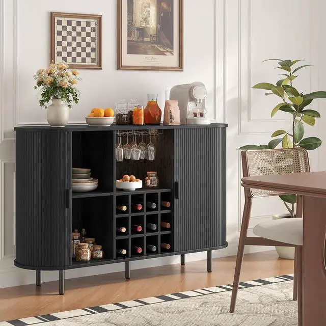 Alt view image 5 of 7 - 55 Inch Fluted Wine Bar Cabinet with LED Light, Black