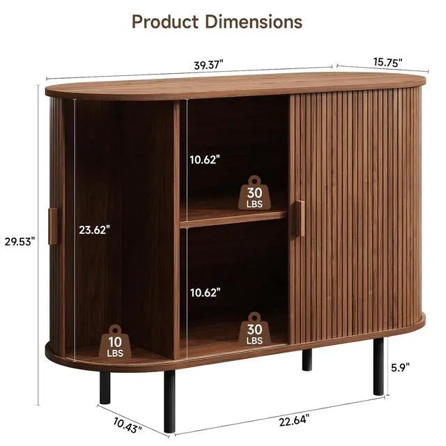 Alt view image 2 of 7 - Buffet Cabinet with Storage, Fluted Buffet Sideboard (40"/Walnut)