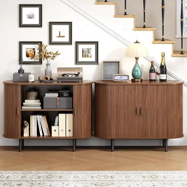Alt view image 3 of 7 - Buffet Cabinet with Storage, Fluted Buffet Sideboard (40"/Walnut)