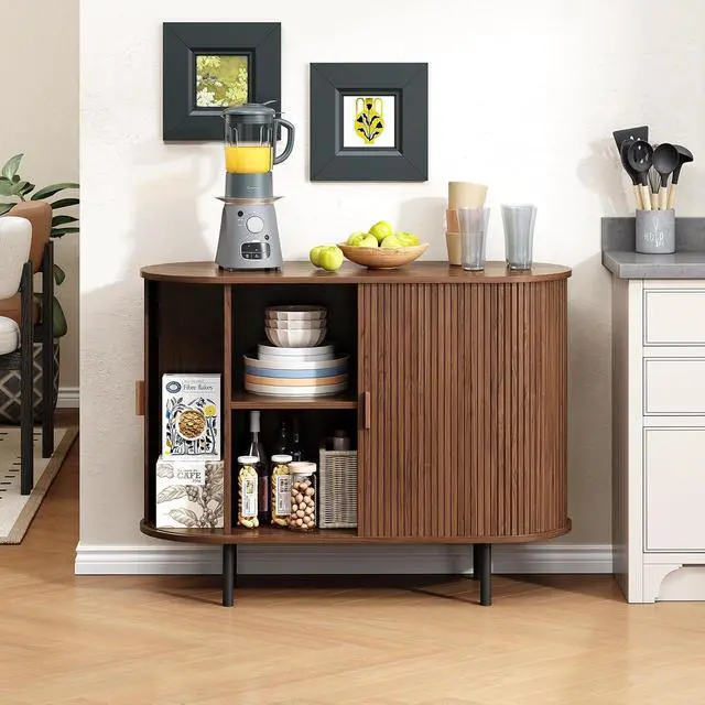 Alt view image 5 of 7 - Buffet Cabinet with Storage, Fluted Buffet Sideboard (40"/Walnut)