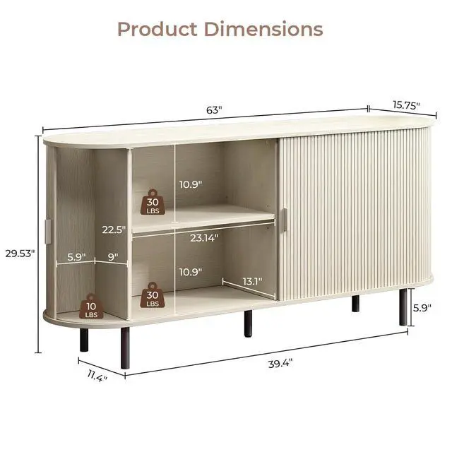 Alt view image 2 of 7 - Buffet Cabinet Storage Fluted Buffet Sideboard(63"/Natural White)