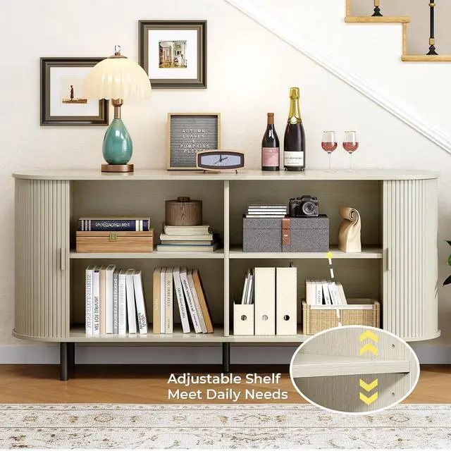 Alt view image 3 of 7 - Buffet Cabinet Storage Fluted Buffet Sideboard(63"/Natural White)
