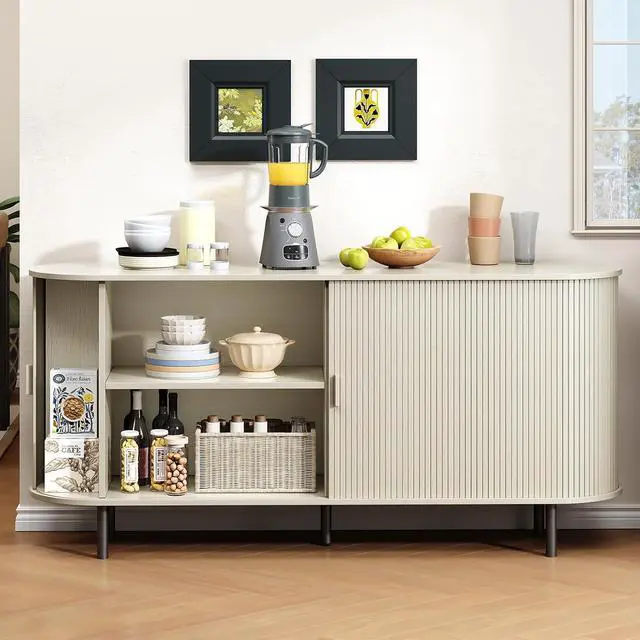 Alt view image 4 of 7 - Buffet Cabinet Storage Fluted Buffet Sideboard(63"/Natural White)