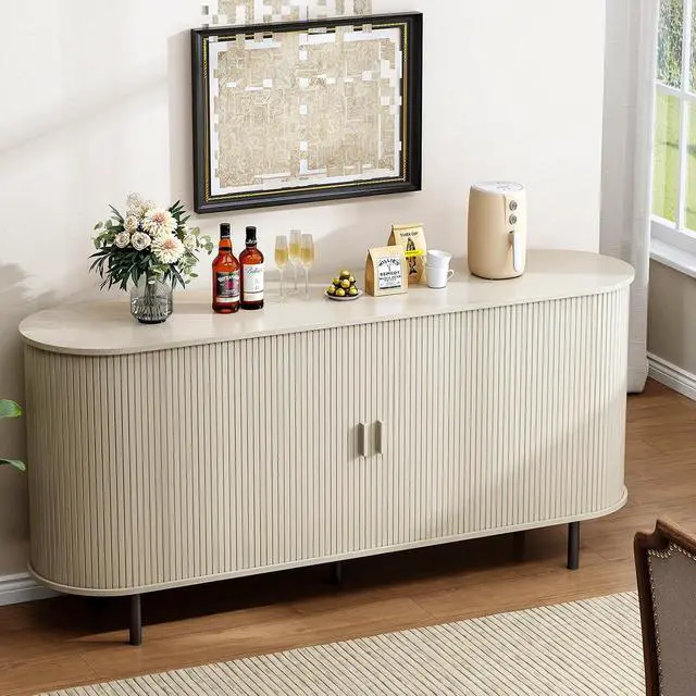Alt view image 5 of 7 - Buffet Cabinet Storage Fluted Buffet Sideboard(63"/Natural White)