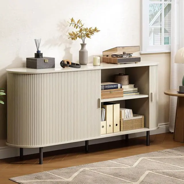 Alt view image 7 of 7 - Buffet Cabinet Storage Fluted Buffet Sideboard(63"/Natural White)