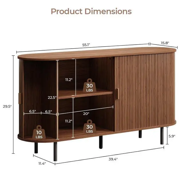 Alt view image 2 of 7 - Buffet Cabinet with Storage, Fluted Buffet Sideboard (55"/Walnut)