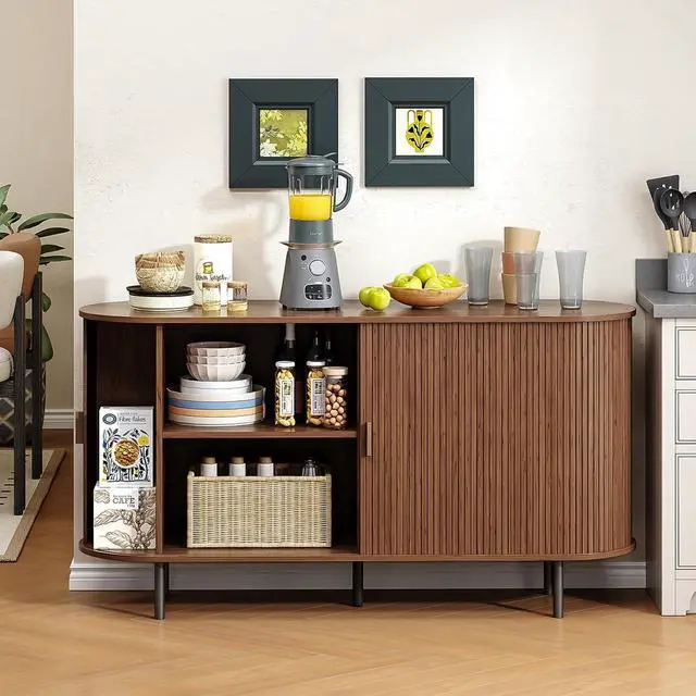 Alt view image 4 of 7 - Buffet Cabinet with Storage, Fluted Buffet Sideboard (55"/Walnut)