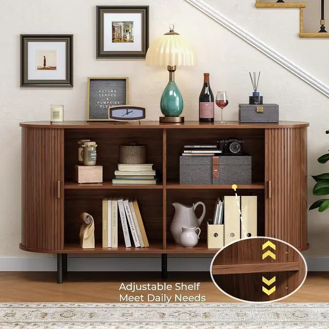 Alt view image 3 of 7 - Buffet Cabinet with Storage, Fluted Buffet Sideboard (55"/Walnut)